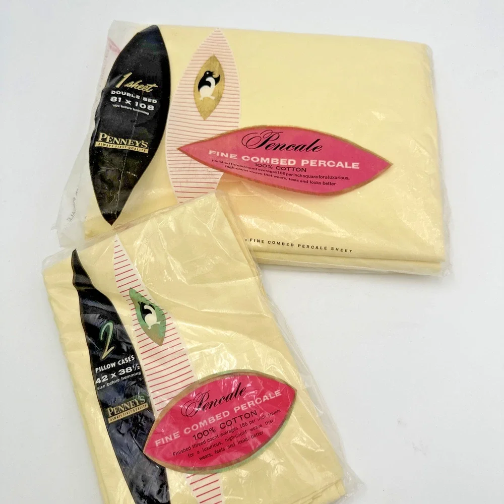 Vintage Penney’s Percale Yellow Double Full Bed Sheet And Pillow Cases Brand New